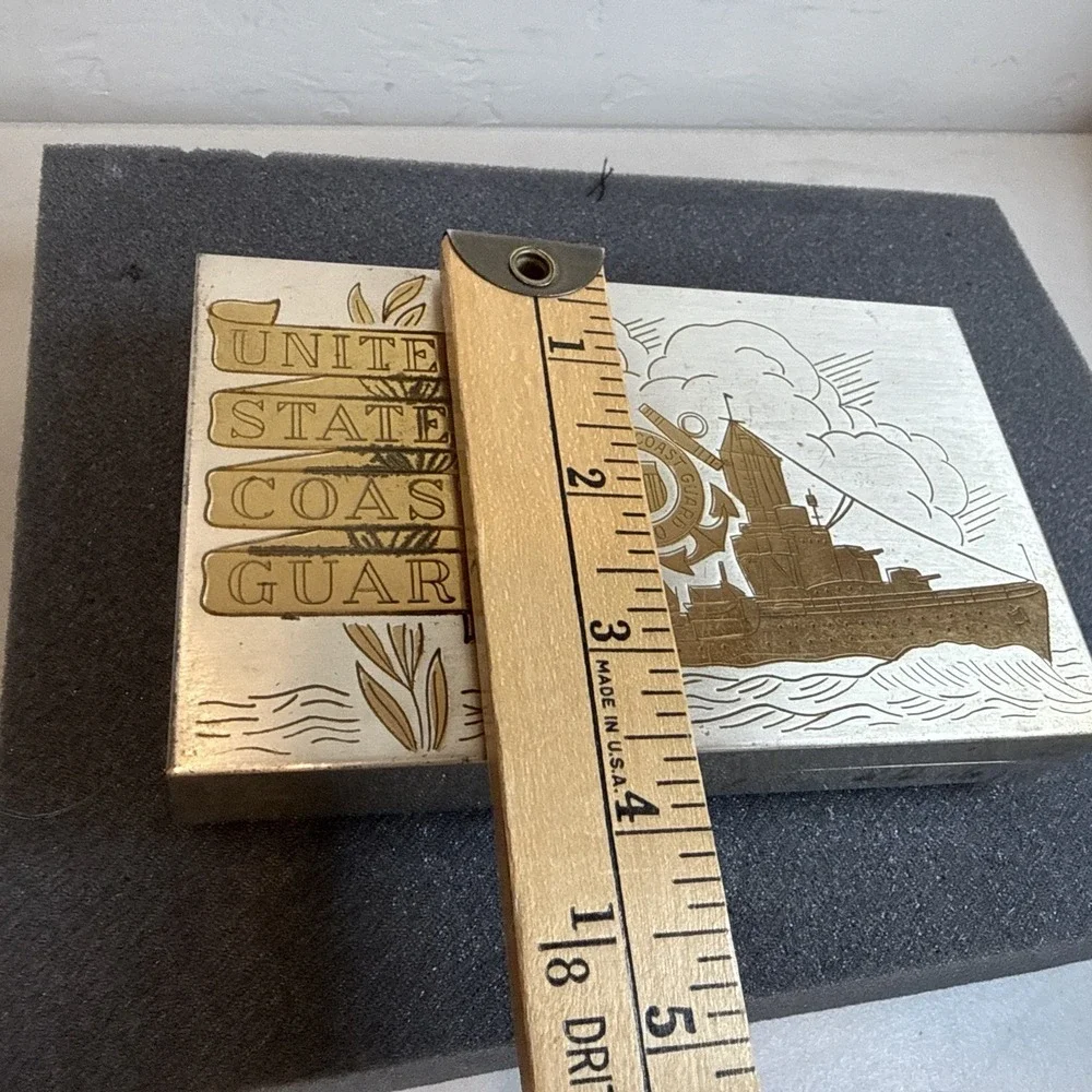WWII US Coast Guard Sweetheart Metal Brass Tabletop Dresser Box Ball Feet Plated